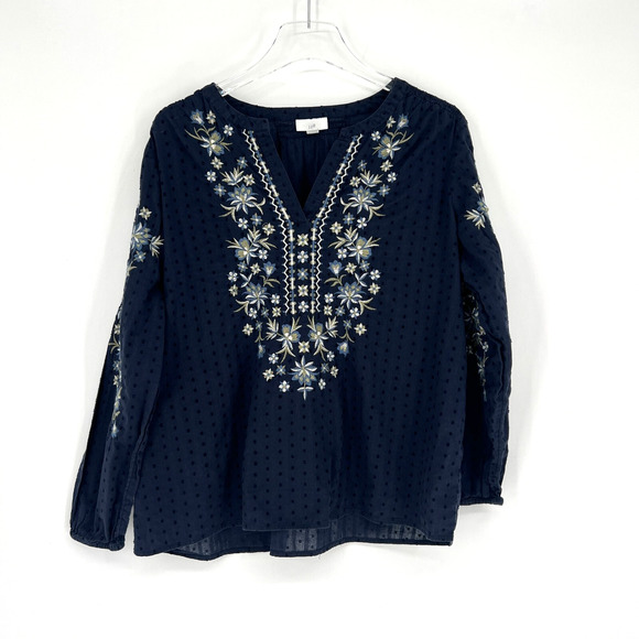 J Jill Top Womens MP Blue Floral Embroidered Boho Hippie Peasant Indie - Picture 1 of 7